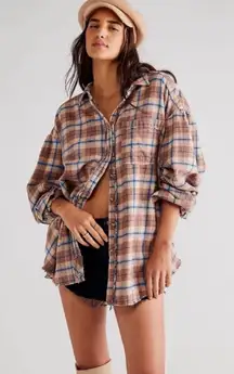 Free People We The Free Happy Hour Oversized Flannel Shirt Tan Blue Size Small