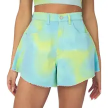 New WeWoreWhat Tie Dye Stretch Denim Flared Leg Bell Shorts Blue Green Size 27