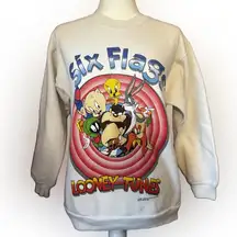 Vintage 1996 Rare Six Flags Looney Tunes White Womens Crewneck Sweater sz Medium