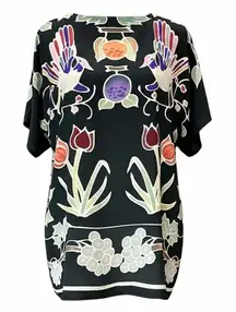Vintage Art Waves Silk Floral Printed Tropical Bird Tunic, Oversized Small