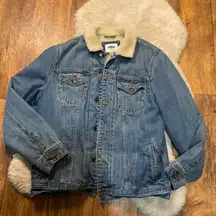 Old Navy Denim Sherpa Lined Size Medium Jean Jacket Coat Button Womens Pockets‎