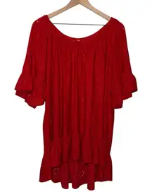 Red Eyelet Ruffle Sleeve Blouse‎