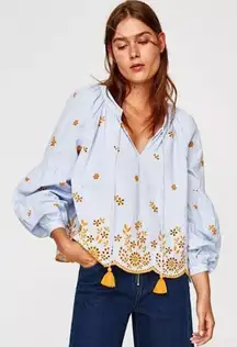 ZARA Blouse‎ FLORAL EMBROIDERY Stripe VOLUMINOUS Sleeve Size Small