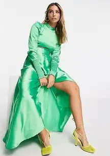 ASOS  Design Long Sleeve Satin Maxi Tea Dress Gathered Waist Emerald Green Size 4