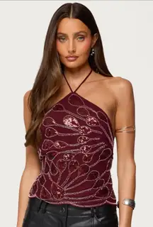 Edikted Embroidered Bead & Sequin Halter Top