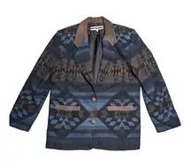 Vtg 1990s New Frontier Blue Southwest Tribal Print Wool Blend Blazer Jacket M