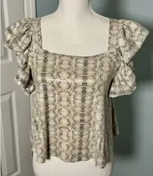 Endless Rose Tan Snake Print Sequin Ruffle Sleeve Cropped Top, XS