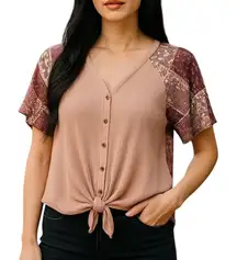 Altar’d State Waffle Knit Tie Front Blouse Size Small | Patchwork Paisley Boho