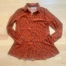 NWOT Susan Graver XS Rust Leopard Print Peplum Blouse Long Sleeve Button-up