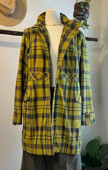 Xhilaration Yellow Blue Plaid Print Purple Buttons Long Zip Up Coat Size Large