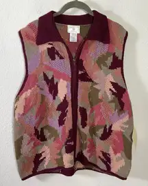 Vintage 90s Susan Bristol Full Zip Sweater Vest Fall Cranberry Floral Large NWT