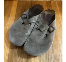 Birkenstock Boston Shoes Womens Size 46 Taupe Suede Leather Slip On Clogs Damage