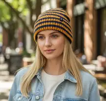 NWOT Free People  stripe it up cool down beanie - varsity orange