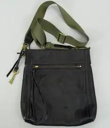 Fossil Vintage  Purse Cross-Body Style Bag Black Leather Army Green Strap