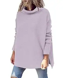 Long Sleeve Slouchy Side Slit Turtleneck Pullover Tunic Sweater Purple Small