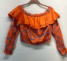 ALDEN ADAIR RUFFLE TIGER‎ PRINT OFF SHOULDER CROP TOP S KELLY ORANGE BLUE NEW