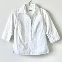 Benetton Vintage 100% Cotton White Stripe Short-Sleeve Button-Up Top Extra Small