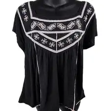 Free People Embroidered Boho Short Sleeve Muse Black Top Linen Blend Women’s S