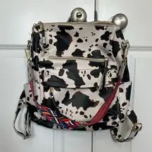 Faux leather fun Cow Print Backpack with colorful strap- lots of pockets!