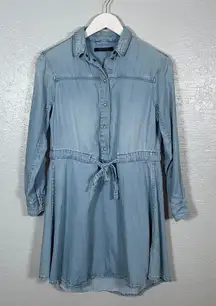 All Saints Women 2 Blue Denim Chambray Calla Bay Shirt Dress Snaps Tie Waist