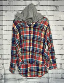 Time & Tru Red Blue Plaid Hooded Flannel Shirt L Button-Up Drop‑Shoulder Relaxed