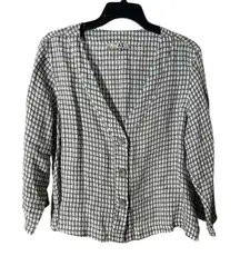 Flax Linen Cropped Black White Plaid Jacket Blouse Size Small Long Sleeve #Z5-6