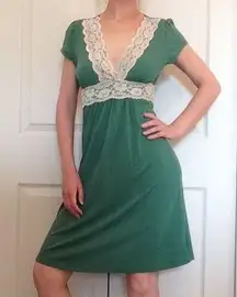 Green V-neck Dress with Lace Trim