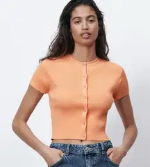 Zara Knit Short Sleeve Crystal Button Up Cardigan in Orange