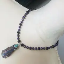 Handcrafted peacock tail tourmaline turquoise pendant Czech glass Pearl necklace