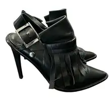 Tibi York Black Leather Fringed Slingback Stiletto Booties Heels Size 7.5