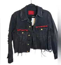 Nwt Signature8 Black Denim Ribbon Trim Distressed Jacket