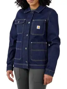 Carhartt NWT Womens New L Denim Chore Coat Jacket Jean Blue Pockets Logo Relaxed