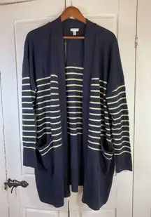 Garnet Hill Scandi Striped Long Wool Organic Cotton Cardigan Sweater Women Large