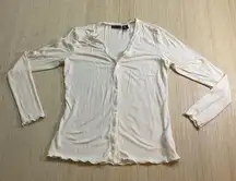 Tahari Women Cream Ivory Long Sleeve Button Up Ribbed Scalloped Blouse Medium