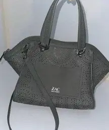 Zac Posen  Gray Leather Laser‎ Cut Studded Purse Handbag