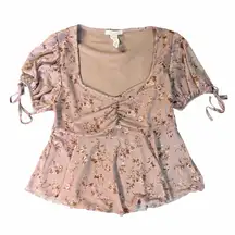 Y2K Floral Sheer Mesh Babydoll Top Coquette Puff Sleeve M Kawaii Fairycore Soft