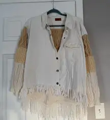 Umgee Fringe Knit Sweater Sleeve Boho Bohemian White Denim Light Jacket