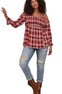 PLAID COLD SHOULDER SMOCKED LONG SLEEVE RUFFLE BOHO ADJUSTABLE STRAP TOP