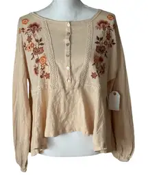 coco + jaimeson embroidered floral cream/pink longsleeve peplum blouse NWT