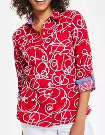 TOMMY HILFIGER Rope Roll Tab Button Up Shirt Red White 100% Cotton Long Sleeve