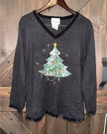 The Quaker Factory Embellished Christmas Tree Sweater Women's Sz Medium VTG Ugly