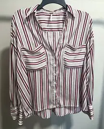 Free People Women’s Oversized Red and White Striped Button Up Blouse size XS