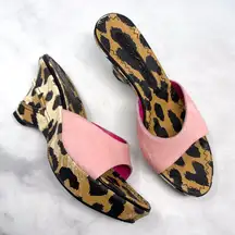 CASADEI Pink Calf Hair Leopard Print Denim Jean Mule Platform Wedge Sandals 6.5