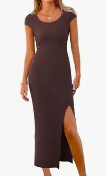 NEW Cap Sleeve Ribbed Knit Fitted Maxi Slit Dress S