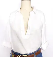 Sigrid Olsen Size M 100% Linen White Popover Blouse Shirt Collar Deep V Neck
