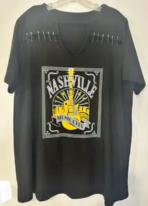 SHEIN Curved OXL Nashville Music City Black Top‎ Safety Pins Guitar Graphic