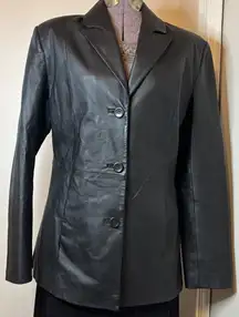 Leather‎ Jacket Black Leather Collared Buttons Pockets Lined Size 10 VTG VG Clio