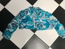 Vintage 80s Handmade Silky Satin Cropped Jacket Pucci Vibes Ocean Blue Custom ~S