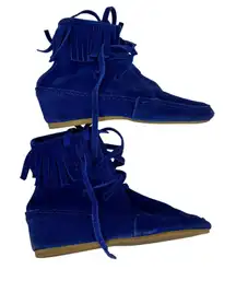 Maje Noreen Wedge Fringe Suede Moccasins in Cobalt Blue
