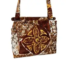 *Barkcloth Purse Brown Tropical Hawaiian Floral Mid Century Handbag Satchel Vtg